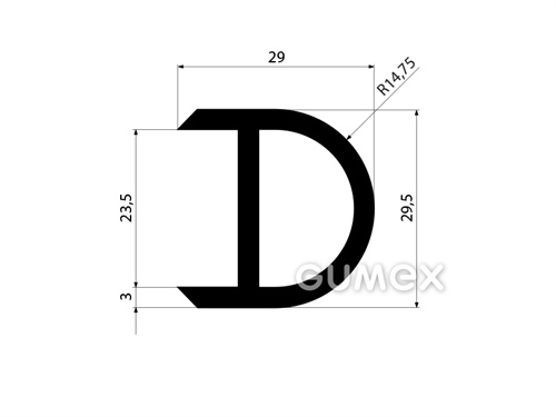 Gumový profil tvaru "D" s dutinkou, 29,5x29/R14,75mm, 70°ShA, EPDM, -40°C/+100°C, čierny